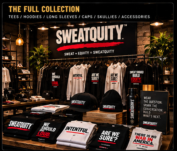 SWEATQUITY retail concept showing racks of apparel, folded clothes and the brand's distressed wordmark