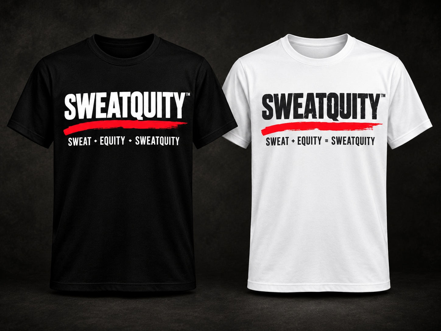 Black and white photorealistic SWEATQUITY apparel previews showing SWEATQUITY CORE TEE. Concept imagery from the founder's approved DROP 001 visual reference.