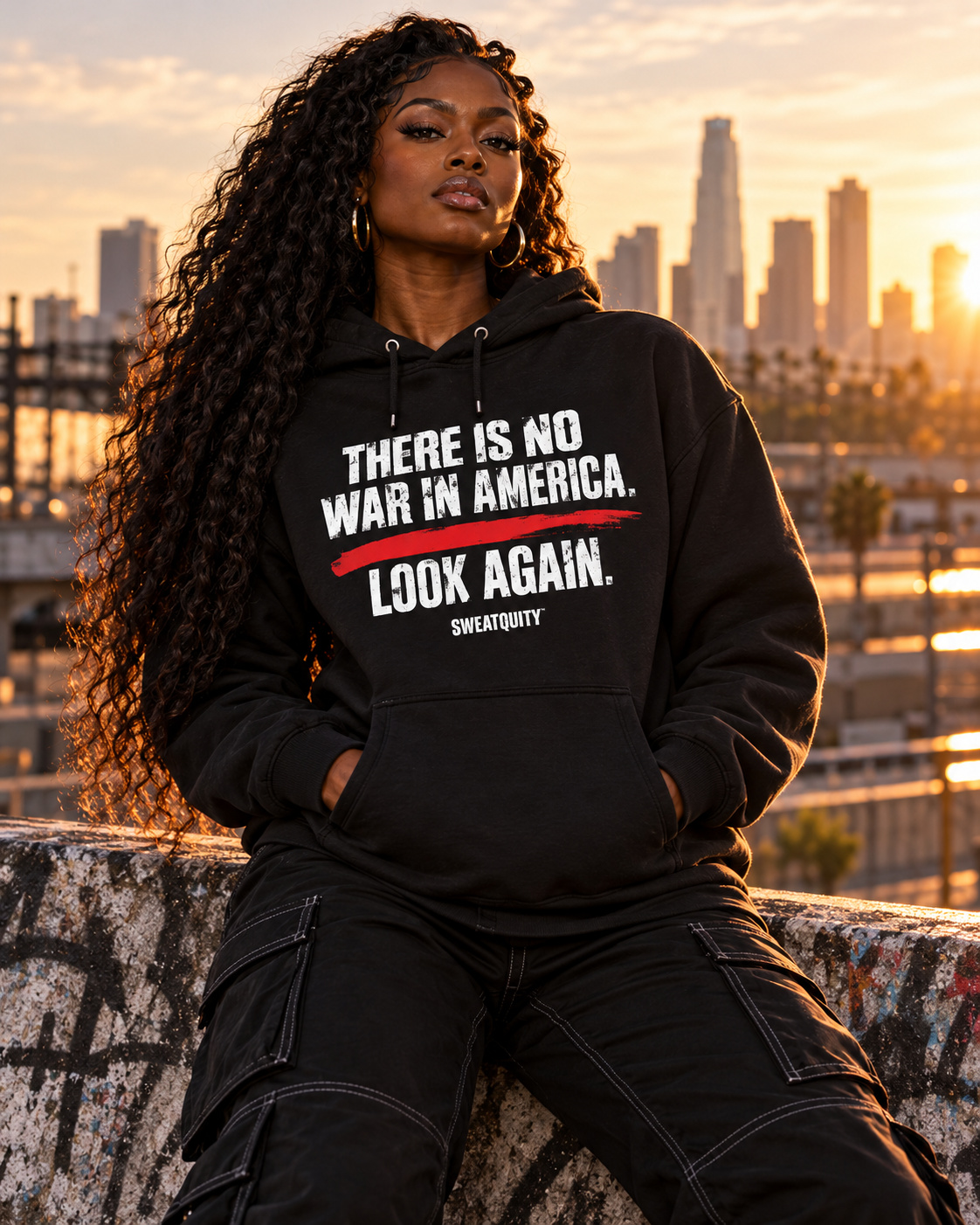 Dark-skinned model wearing THERE IS NO WAR IN AMERICA. LOOK AGAIN. SWEATQUITY hooded sweatshirt