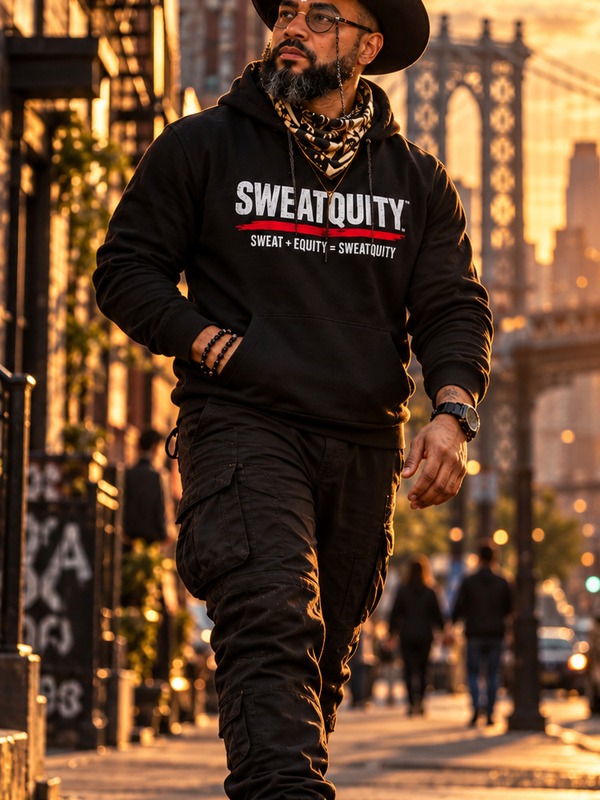 Founder-inspired model wearing a black SWEATQUITY hoodie in the golden-hour campaign