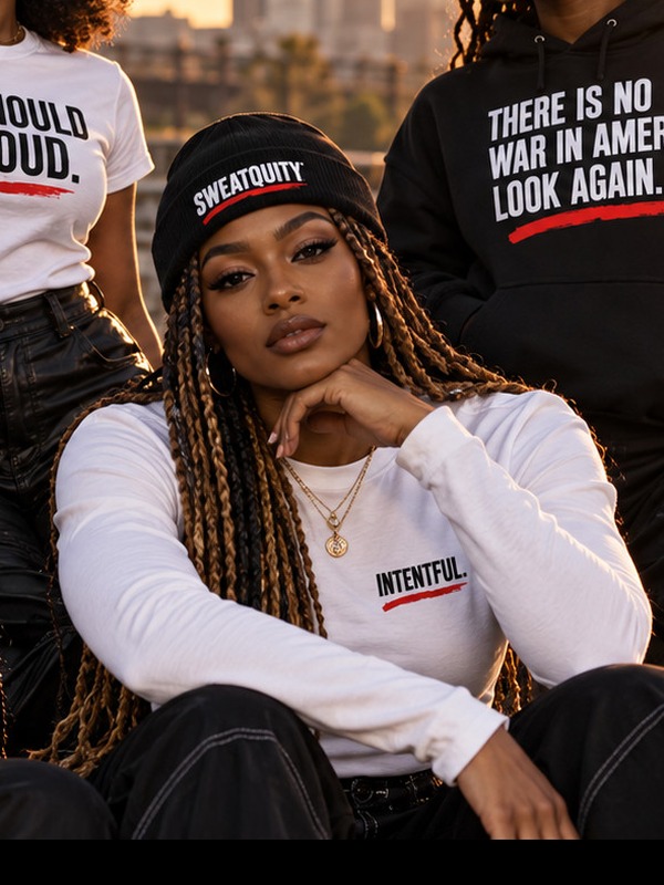 Model wearing a white INTENTFUL. fitted long-sleeve SWEATQUITY shirt