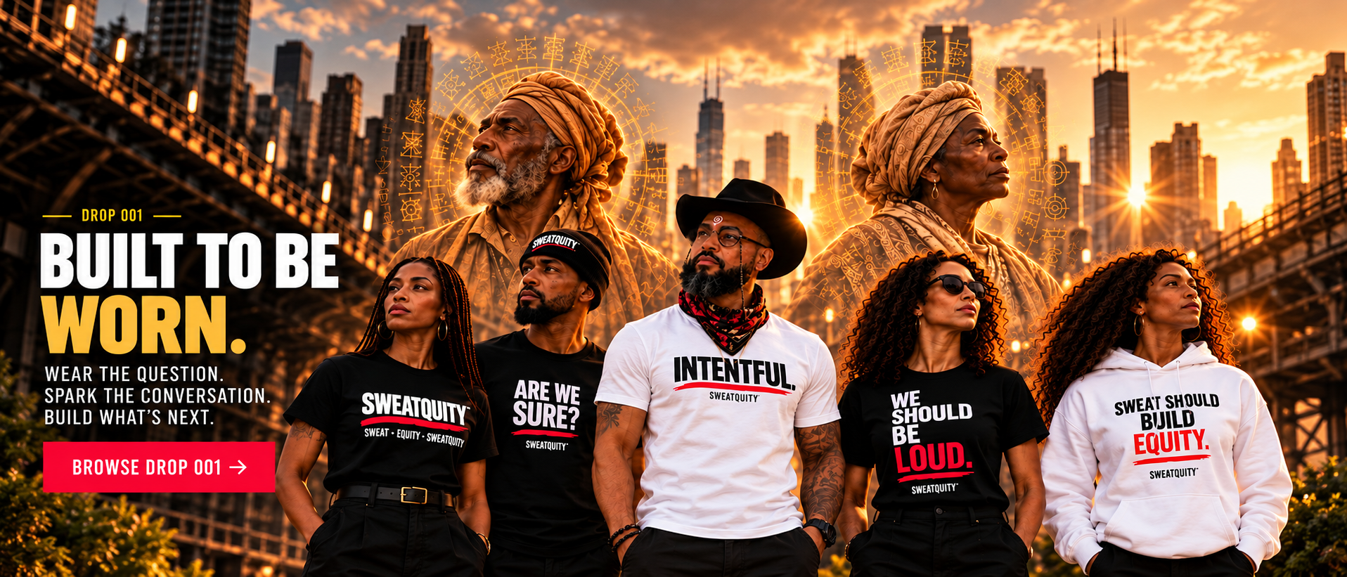 Built To Be Worn SWEATQUITY campaign featuring six fashion models, founder-style character in a white INTENTFUL. shirt, and fully visible ancestral figures integrated behind the collective