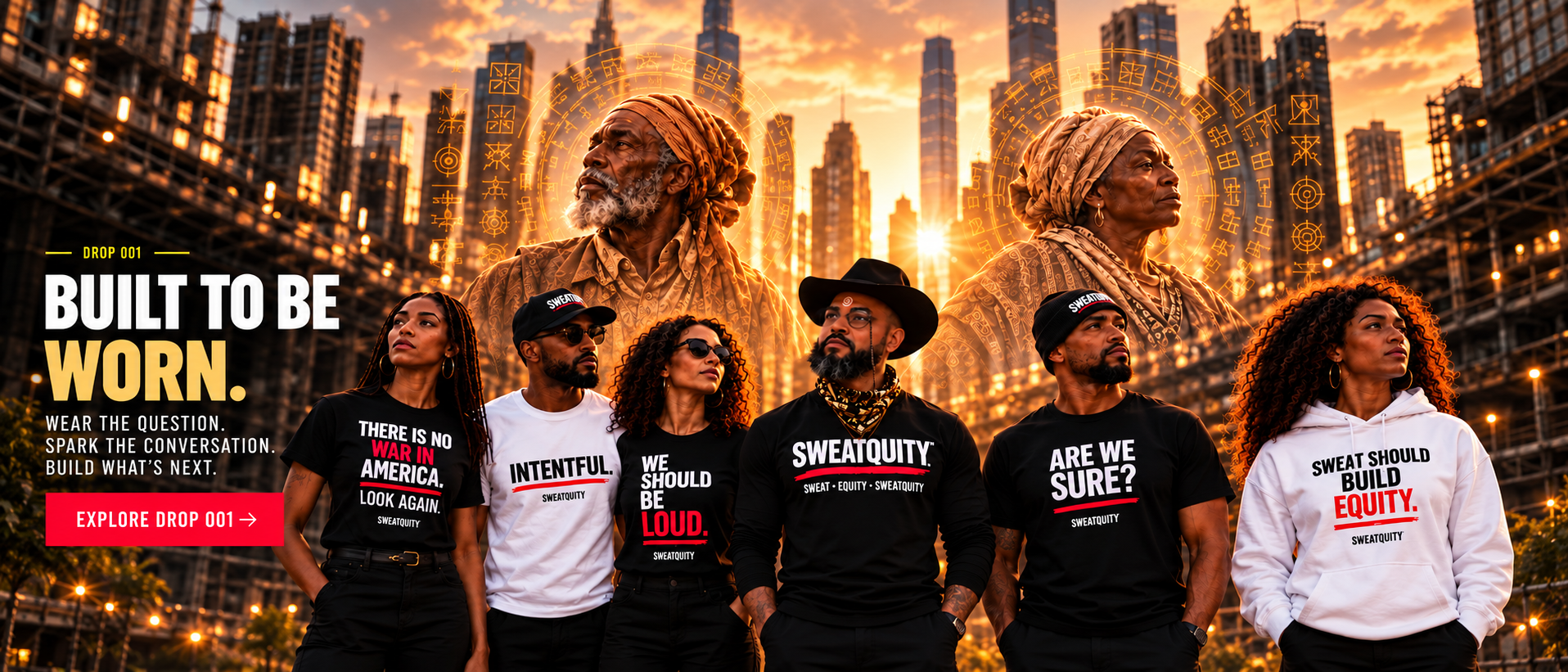 DROP 001 BUILT TO BE WORN campaign featuring six fully visible fashion models, founder-style character in a black SWEATQUITY shirt, and ancestral figures integrated behind the collective