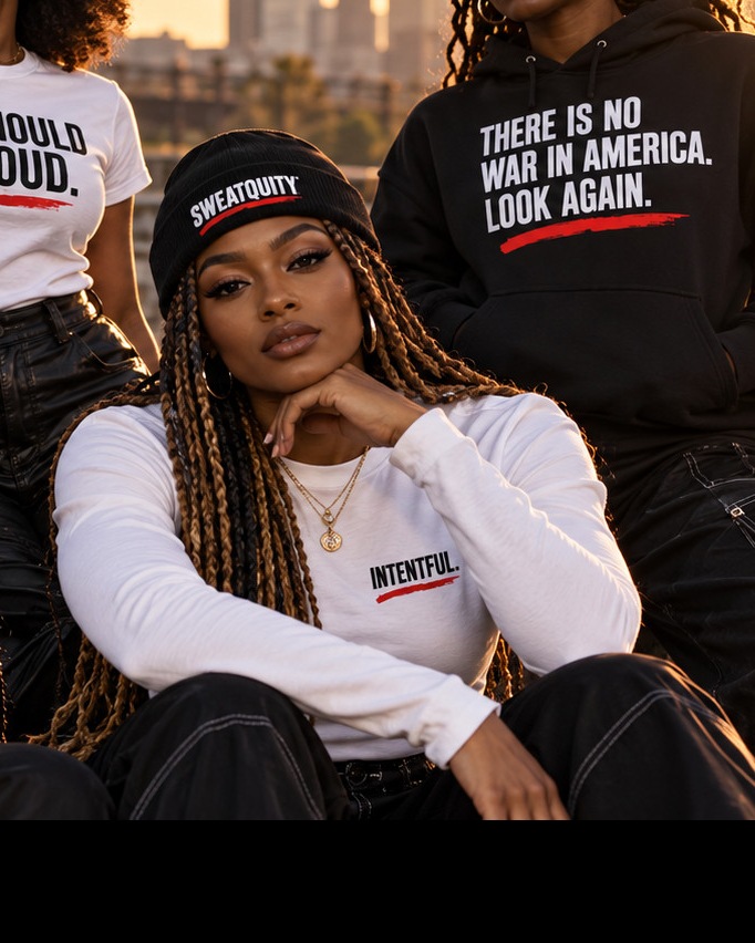 Dark-skinned Black model wearing actual white fitted long-sleeve INTENTFUL. SWEATQUITY shirt; black variant is preference only until verified with Fourthwall