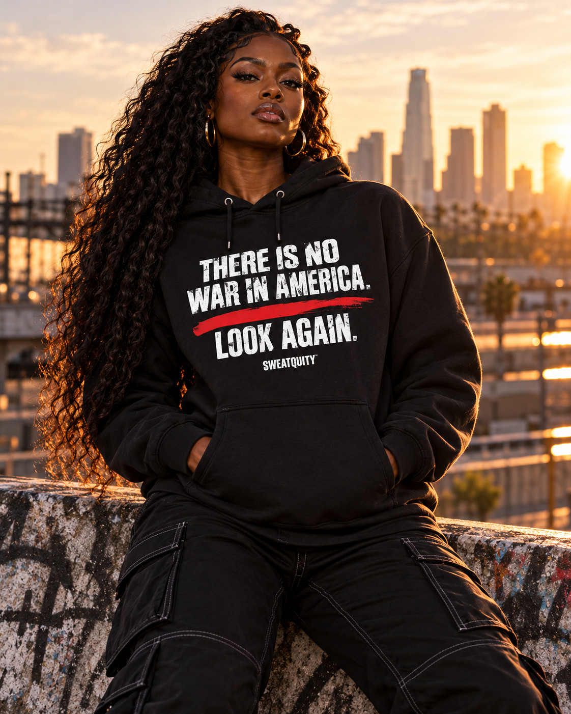 Dark-skinned Black woman wearing the THERE IS NO WAR IN AMERICA. LOOK AGAIN. hoodie.