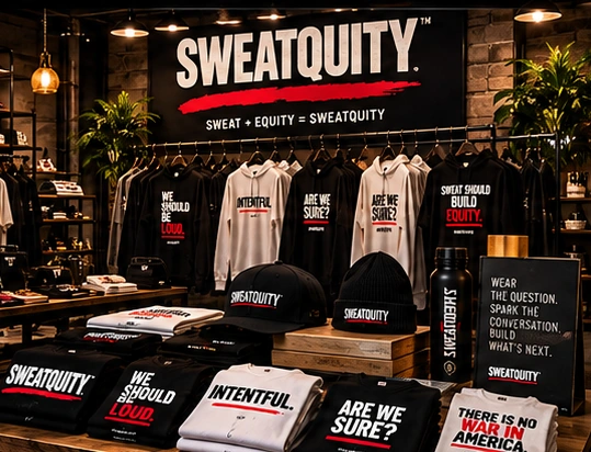 Concept rendering of a SWEATQUITY apparel boutique with clothing racks, folded shirts, caps and skullies
